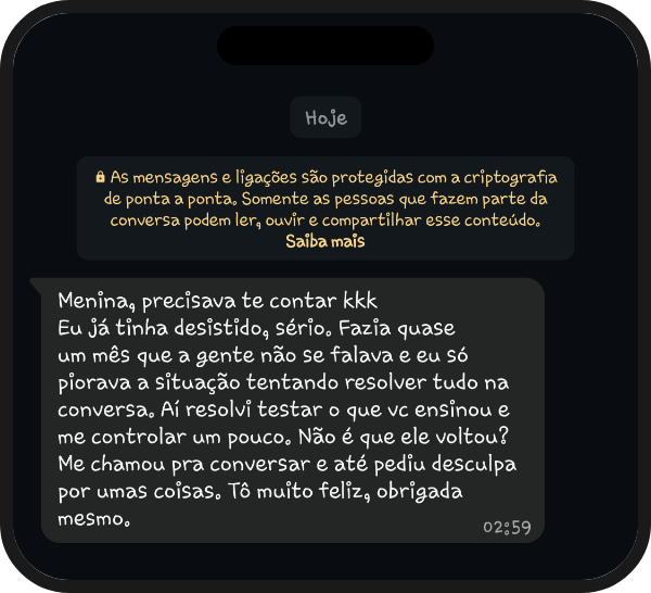 Depoimento real de cliente via WhatsApp